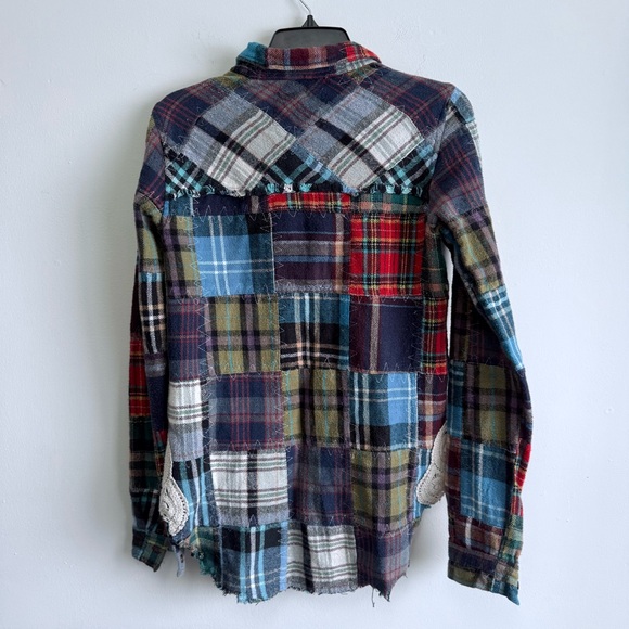 Free People We The Free Patchwork Plaid Flannel XS Crochet Lace Button Down - Picture 8 of 9